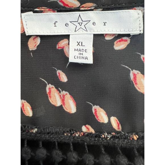 Fever Shear Black Floral Peasant Blouse Crochet Neckline Bell Sleeves Sz XL Boho - Picture 3 of 4